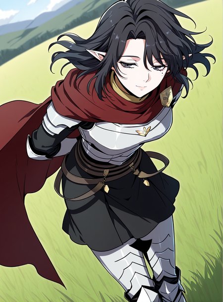 <lora:Aya_Grephin__The_Beginning_After_the_End__Illustrious:1>
1 girl, solo, female elf, medium length black hair, pointed ears, mole under left eye, black eyes, 
dark red cape, red scarf, golden crest, white chest armor, silver gauntlets, armored gloves, black undershirt, dark skirt armor, waist belts, thigh armor, armored boots, cloak fluttering, fantasy knight outfit, fantasy style
score_9, score_8_up, score_7_up, very aesthetic, source_anime, detailed, high quality, beautiful, masterpiece, detailed eyes, field, blurry background, pose dynamic angle, upper body, cowboy shot, light smile, floating hair, half-closed eyes, hands behind back, leaning forward, looking forward, looking at viewer