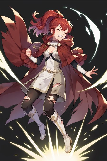 score_9, score_8_up, score_7_up, score_6_up, source_anime BREAK 1girl, solo, <lora:feanna-pdxl-nvwls-v1-000005:1>  <lora:feh-style-richy-v1_pdxl:1> fatesanna, red hair, ponytail, maroon cloak, white dress, cleavage, harness, pantyhose, white boots, fehdmg, torn clothes, full body, standing, black background, simple background, jumping, wince, clenched teeth