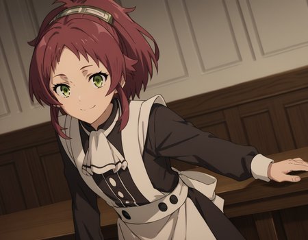 score_9, score_8_up, score_7_up, source_anime,
aishagreyrat, <lora:aisha-greyrat-s2-ponyxl-lora-nochekaiser:1>,
aisha greyrat, green eyes, ponytail, red hair,
long sleeves, apron, maid, ascot, white apron, white ascot,
indoors, bent over, smile,
solo, dutch angle, looking at viewer, cowboy shot,