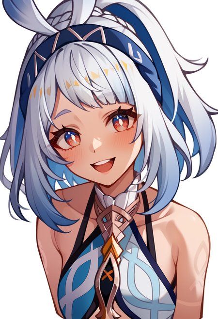 score_9,score_8_up,score_7_up,<lora:mualani_(genshin_impact)_v2:1>,1girl,mualani_\(genshin_impact\),upper_teeth_only,cropped_shoulders,collarbone,highres,looking_at_viewer,tan,simple_background,open_mouth,:d,sketch,hairband,blush,upper_body,