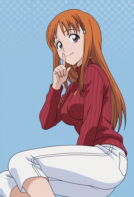 masterpiece, best quality, amazing quality, anime screencap, anime coloring, 1girl, solo,   <lora:DX888Orihime:1> inoue orihime, grey eyes, orange hair, long hair,
hairclip, turtleneck sweater, ribbed sweater, capri pants, white pants  BREAK blue background, halftone background,  (simple background:1.2) BREAK  (dynamic pose:1.2), smile, blsuh, shushing, yokozuwari, from below, from side,