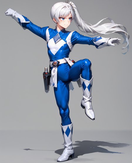 score_9, score_8_up, score_7_up , masterpiece, full body, Cranemb, stance, standing on one leg
WeissSchnee, 1girl, white hair, blue eyes, long hair, side ponytail, scar across eye, BluePowerranger, Tight suit, diamond patterns suit, small breasts, (lithe), skinny, <lora:Weiss-Schnee-RWBY-PDXL_Ark-Ai_v1:0.5>,
white gloves, glossy finish,  blue accents, white belt, vibrant color, white boots,blue colored suit, Holster,
white background, simple background,
 <lora:Ultimate-Power-Ranger-Cosplay-PDXL_Rodriog3321_v1:0.8>,
 <lora:Crane-stance-Martial-Arts-PDXL_MisterBones_v1:0.7>,
 <lora:Skinny-Body-Girl-PDXL_Huafgjaio_v1:0.2>,