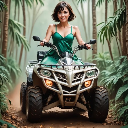 score_9, score_8_up, score_7_up, riqua (front view) , (slim 25yo female) riding a quad. green dress, sneakers , short brunette hair  <lora:RideQuadPony:1>