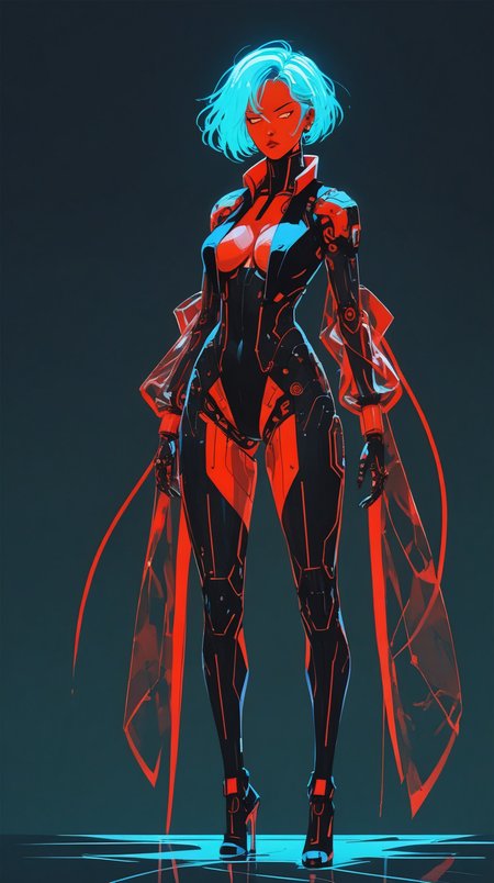 score_9, score_8_up, score_7_up, score_6_up, score_5_up, Jed-dtl, 1 woman, Cybersuit, Sleek, second-skin fit, glossy matte contrast, illuminated circuitry, flexible material, dynamic glow, translucent mesh panels, high collar, plunging neckline, futuristic, curve-enhancing, breathable, neon accents, adjustable lighting, form-fitting, edgy, sophisticated, simple background, full body, t3-h  <lora:T3-H_art_style:1>