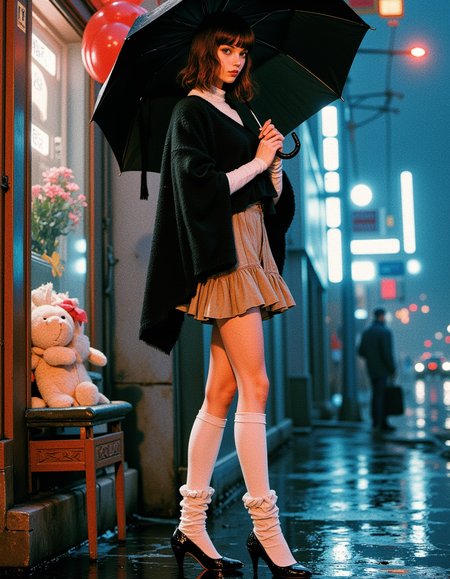  absolute masterpiece, best quality, ultra detailed), 1girl, short wavy brown hair, green eyes, full lips, large breasts, wearing a crop black wool poncho, beige ruffled micro skirt, white wool leg warmers, and black patent leather shoes, slim waist, wide hips, standing under a large black umbrella, waiting for the bus on the sidewalk, rainy day with heavy rain, wet ground, overcast sky, raindrops visible, gloomy atmosphere., , pastel colours, stuffed toys, doorway, caught, watched, voyeurism, night, dark, dimly lit, depth of field, 8k uhd, absurd res, volumetric lighting, tack sharp focus, beautiful composition, intricate detail, professional photography .  action pose, .. 
 graceful neck and shoulders, perfect body, (subsurface scattering:1.1), wide hips, Alabaster Skin, (glossy oiled skin:1.1), sharp focus, stark lighting, medium-format camera, art by Helmut Newton, fashion photography, high-contrast, dramatic lighting, striking composition, confident and empowered woman, strong and assertive pose, fashion, sensuality, high end clothing, luxury accessories,dynamic pose, bdsm props,,

igiex.  
. The background is minimalist, a gradient of shadowy blue tones, amplifying the ethereal and futuristic ambiance of the scene. The overall composition feels cinematic, blending high fashion with a science fiction aesthetic. . Exquisite cyberpunk. retroFuturism. . 
 (Depth of field), low saturation,detail. mythp0rt Stylish, charismatic.

(depth of field)
mythp0rt,
nigiex.  
