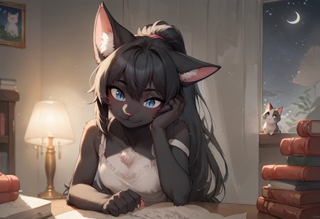 A very thin, petite 19-year-old black furry anthro catgirl with black fur all over her body, with white fur on her chest and belly, blue eyes with cat's slit irises, sitting at a desk in her cozy dorm room. Sheâs wearing casual workout pants and a simple t-shirt as she leans over a notebook, deep in thought, with a pencil in her hand. Her long black hair is tied back in a loose ponytail. A soft, warm glow from a desk lamp lights up the room, casting gentle shadows across the scene. Beside her is a large window, showing the night sky. The room is cluttered with books and study materials, creating a relaxed and focused atmosphere, much like the iconic lo-fi girl