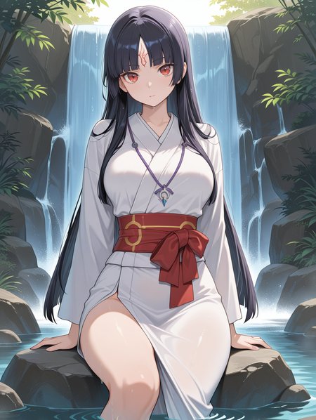 legendary six samurai - mizuho,red eyes,hime cut,solo,looking at viewer,waterfall,waterfall shower,rock,purple necklace,1girl,white kimono,red forehead mark, red sash, 
masterpiece,best quality,amazing quality,very aesthetic,absurdres,newest,<lora:Legendary Six Samurai - Mizuho illuXL v1:0.75>,