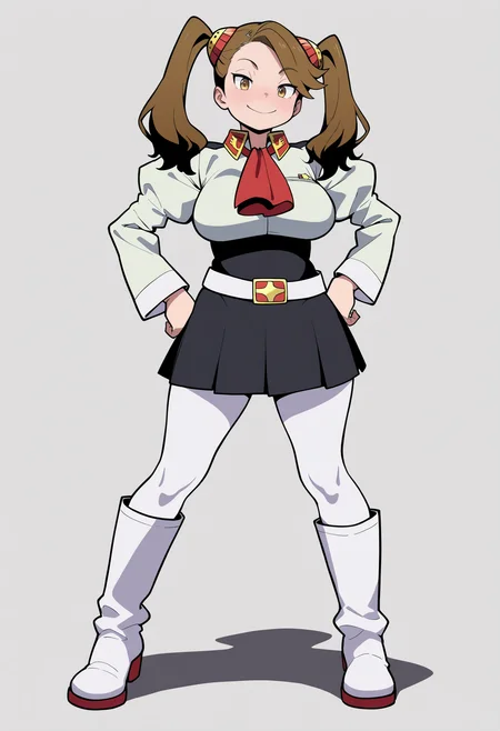 best quality, amazing quality, very aesthetic, absurdres,
1girl, kaoruko, brown hair, brown eyes, twintails, hair ornament,
large breasts, red ascot, juliet sleeves, puffy sleeves,
high-waist black skirt, belt, white pantyhose, low black boots,
hands on hips, full body, contrapposto, standing,
smile, looking at viewer, solo, simple background, white background,    <lora:KaorukoSazakiNoobXL_byKonan:1>