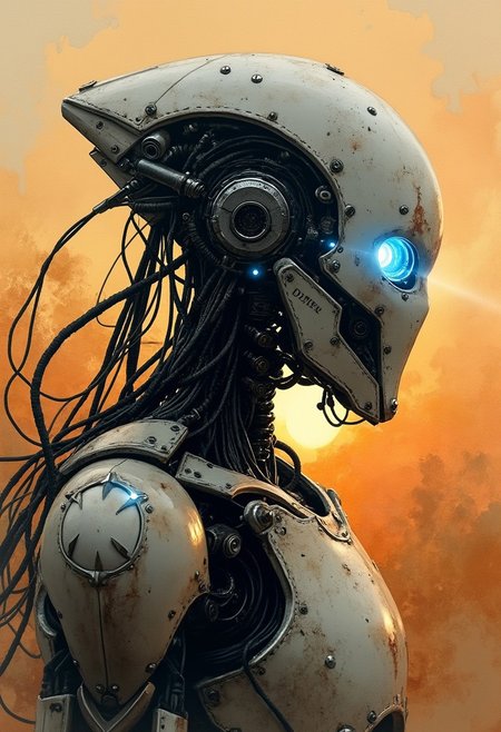 A bold inkplash-meets-watercolor wash artwork, expertly painted on rice paper using rich sepia, burnt henna, and ink-black hues.  a high-end battle android with white faceplate, glowing blue optical sensors, chrome wires and glowing lights and circuitry, in the style of Sauron from Lord of the Rings, robot joints and cables, sunset, silhouetted, chiascuro, dark sci-fi background