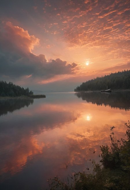 This image captures a serene scene of a lake at sunset. The sky is painted in hues of orange and yellow, while the sun gently dips below the horizon. A small boat is visible in the foreground, adding to the tranquil atmosphere. The lake is surrounded by lush green trees and bushes, enhancing the overall beauty of the scene, warm orange and pink hues casting a beautiful glow, cinematic lighting, detailed digital painting by Aaron Blaise and Robert Bateman and Carl Runguis, 4k resolution, hyperrealistic rendering, ethereal atmosphere. highly detailed and hyper realistic photo, by Alena Aenami , by Archibald Thorburn , by Daniele Afferni , in the style of  monochromatic silhouette reflection,  limited dark palette, unusual dark colors, faded colors, atmospheric haze, highly dramatic cinematic lighting, motion blur, film grain,  professional, excellent composition, finest details, maximized details, ultimate detail level, masterpiece, best quality