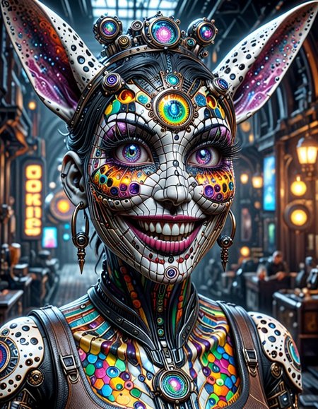 pointillism style breathtaking hyperrealistic art professional 3d model concept art ,helios,steampunk in robot bunny black and scaryjoker smile,psy
 <lora:helios:1> ziprealism . digital artwork, illustrative, painterly, matte painting, highly detailed . octane render, highly detailed, volumetric, dramatic lighting . extremely high-resolution details, photographic, realism pushed to extreme, fine texture, incredibly lifelike . award-winning, professional, highly detailed . composed entirely of small, distinct dots of color, vibrant, highly detailed