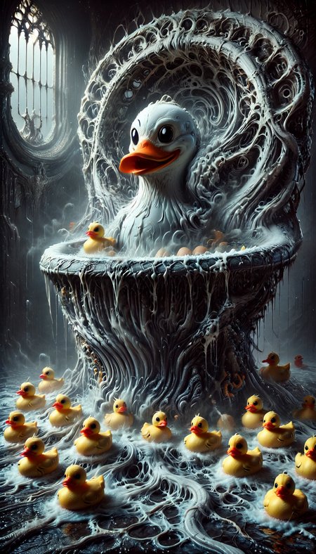 score_9, score_8_up, score_7_up, score_6_up, score_5_up, score_4_up, rubber duck in the bathtub filled with foam, rubber duck, bathtub, foam, BiomechGothic, surreal organic design, gothic horror