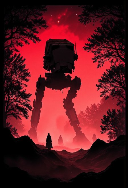 In the heart of a vast, ancient forest, seen from a bird's-eye view, the massive AT-ST scout walker looms, its towering form breaking through the treetops like a shadow of the past. The forest below is a sprawling sea of faded, monochrome red-orange hues, where the tops of the trees crack and splinter under the weight of its massive steps. The walker’s massive legs thud heavily through the dense canopy, each movement sending shockwaves through the ancient woodland.
Its body, translucent against the backdrop of a starlit sky, is barely visible as it looms like a spectral giant. The fading red and orange tones of its rusted armor blend with the muted hues of the forest, yet it stands out as an almost ethereal presence in the vast landscape, towering far above the broken trees. The red glow of its eyes casts a faint, eerie light as it moves, a lone figure against the expanse of nature.
From above, the forest stretches endlessly, a dark and haunting labyrinth of twisted, ancient trees, their tops shattered under the walker’s immense weight. The vastness of the landscape is punctuated by the walker’s towering silhouette, which rises high above the forest, dwarfing the trees in its path. The monochrome color palette of red and orange gives the entire scene a surreal, almost dreamlike quality, as though the walker is an impossible figure, stepping through a forgotten world frozen in time. dfmstyle, lndscpx, Studio Ghibli Dark Fairytale