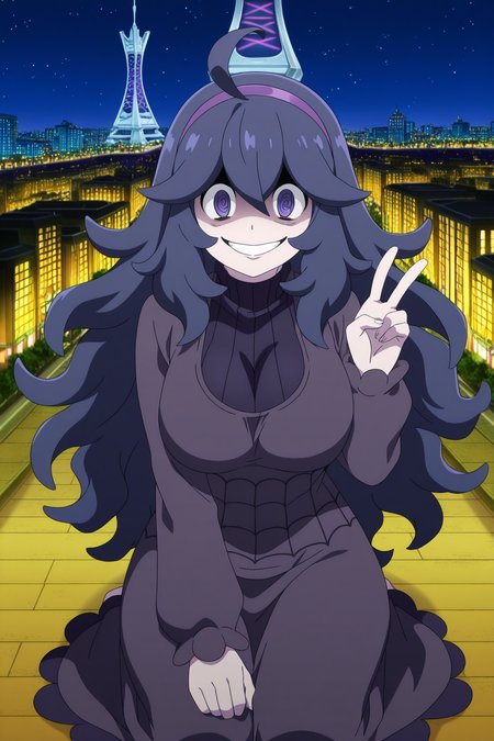 anime, animification, anime screencap, anime coloring, vivid colors, depth of field, high quality, highres, lumiose city, 1girl, hex maniac \(pokemon\), 1girl, solo, long hair, dress, breasts, purple hair, @_@, ahoge, smile, messy hair, purple eyes, large breasts, sitting, v, alternate breast size, hairband, sweater, looking at viewer, purple hairband, seiza, ribbed sweater, grin, sky, night, city lights, tower, prism tower, star \(sky\), building, scenery, city, road, street
 <lora:Lumiose_city-10:1> 