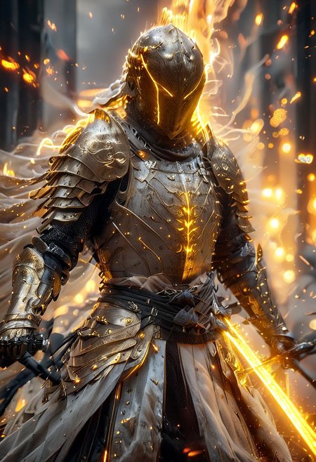 1man, armored samurai in golden samurai armor, wearing samurai helmet and armor,  golden fire, wielding dual swords:1.2, brave perspective, reflection, glowing golden fire, golden lightning shatter, , glowing sword, motion blur, emphasis line, outdoor in the darkness, looking at viewer, katanas