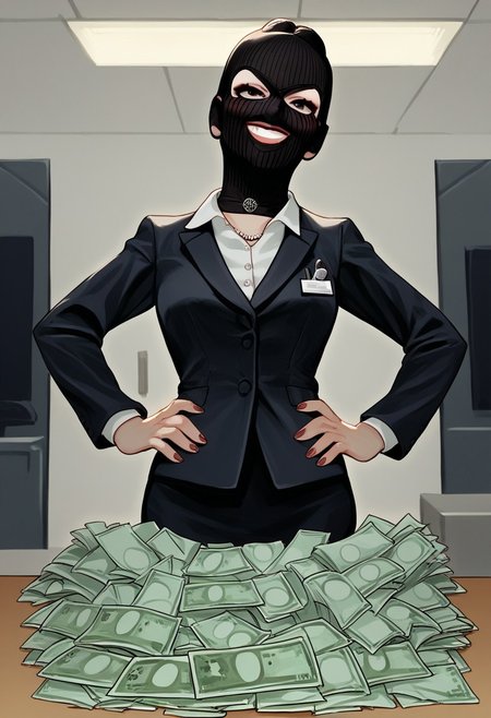 score_9, score_8_up, score_7_up,
source_anime,uncensored,
BREAK 
1girl,office lady,
threeholkn1tskimask,three holes knit ski mask,black mask,
smile,
hands on hip,
indoor,bank,
cashmoney,green paper money,