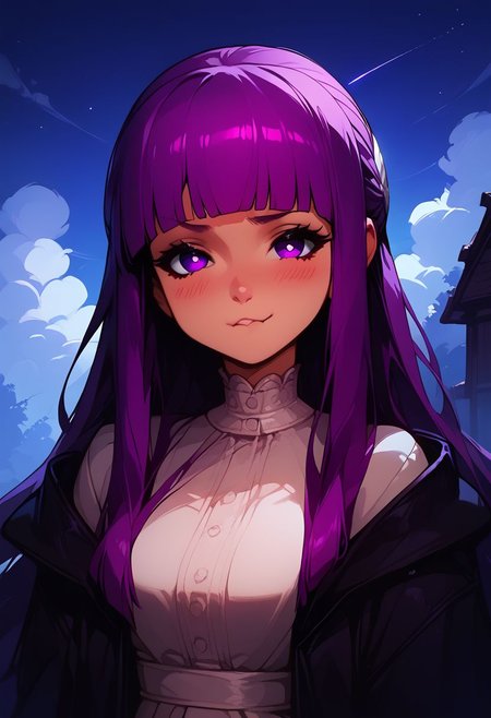 score_9, score_8_up, score_8, medium breasts, (curvy), cute, eyelashes, score_9, score_8_up, score_7_up, source_anime, 1girl, fern \(sousou no frieren\), large breasts, long hair, purple hair, blunt bangs, half updo, purple eyes, open robe, long dress, pout, puffy cheeks, looking at viewer, serious, blush, upper body, outdoors,  smile, blush,
night sky,