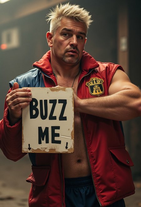man from the king of fighters holding a  sign that says "buzz me"