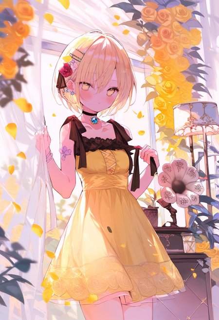 score_9, score_8_up, score_7_up, score_6_up, <lora:oninekoXL_TPN55_lokr_V43P1:0.95>   1girl, flower, solo, hair ornament, dress, curtains, blonde hair, short hair, hair flower, choker, looking at viewer, rose, yellow flower, curtain grab, yellow eyes, yellow dress, sleeveless, white flower, blush, collarbone, hairclip, black choker, cowboy shot, hair between eyes, sleeveless dress, window, petals, yellow rose, closed mouth, bare shoulders, standing, jewelry, white rose, ribbon, phonograph, breasts, small breasts, indoors, black ribbon, hands up, earrings, see-through, transparent