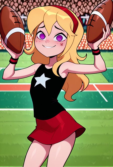((cartoon, screencap, )) <lora:lucysmall:1> lucysmall, solo, long hair, blonde hair, red hairband, black shirt, sleeveless, flat chest, star (symbol), purple eyes , tank top, wristband, miniskirt, red skirt, dynamic pose, looking at viewer, smile,  detailed background, football field, scared, holding american football, crowd, masterpiece, best quality, amazing quality, very aesthetic, absurdres, newest,