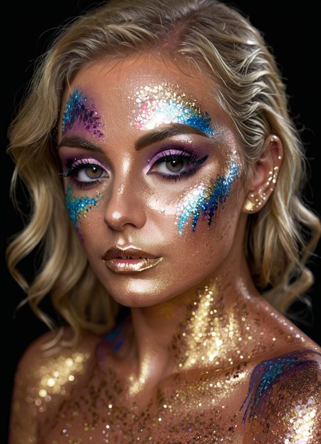 studio portrait of a woman, GlitterStyle, makeup, eyeshadow, mascara, black background, bodypaint, upper body, blonde hair, highly detailed, realistic, 
 <lora:GlitterStyle_sdxl:0.8>