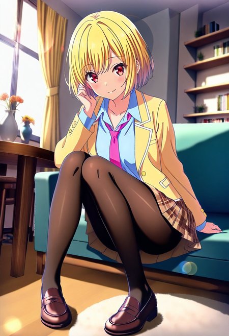 
masterpiece, best quality,amazing quality,(1girl), solo,(depth of field),(solo focus),8K,HDR,(ultra high res),(highres),(full body),(lens flare),smile,blush,(karin istel),bangs,(blonde hair),(short hair),(red eyes),(collarbone),skindentation,(school uniform),(yellow jacket),(open jacket),(blazer),(pink necktie),(collared shirt),(blue shirt),(long sleeves),(brown skirt),(pleated skirt),(plaid skirt).(black pantyhose),(brown footwear),(loafers),(sitting on chair),(indoors),(looking at viewer),(room),(curtain),(table),(couch),(carpet),(shelf),(vase),(window),karin istel

