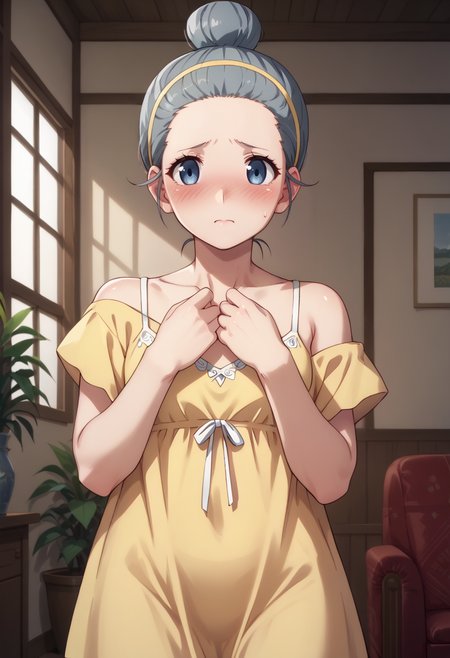 score_9, score_8_up,
1girl, <lora:NikawaUmikawa_OffSeason_PDXL:0.9>, nikawaumikawa, blue eyes, single hair bun, grey hair, yellow hairband,
nightgown,
shy, blush,
indoors