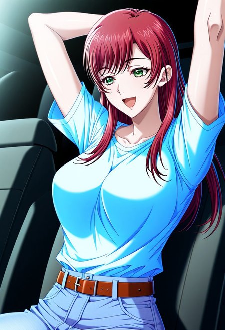 masterpiece, best quality, newest, highres, uncensored, 1girl, yokota mamoru style,1girl
Aiba Sakura,Long Hair, Red Hair, Red Eyes,Slim
1girl, green eyes,belt, open mouth, arms up, smile, skirt, blue jeans,sitting, :d，watching move,in cinema