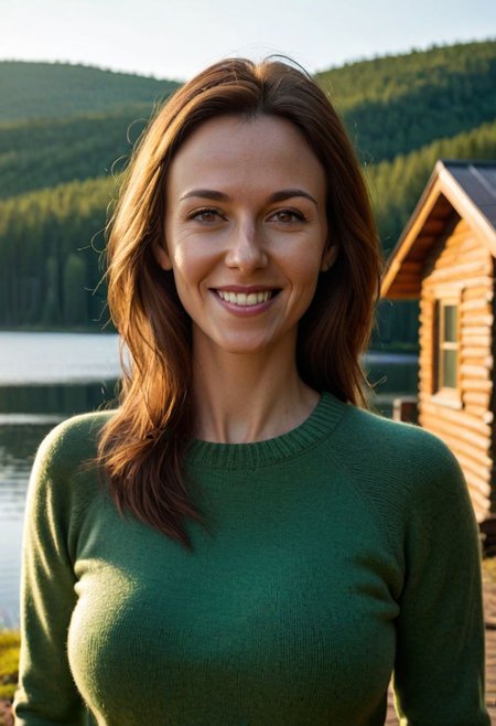 (Closeup:3.0), insanely attractive and 30 year old woman by a cabin in the woods by a lake wearing a tight green crew neck sweater, sunrise, (attractive face:1.2), (slim body:1.3), medium length brown hair, (large breasts:1.4), (seductive:1.4), smiling