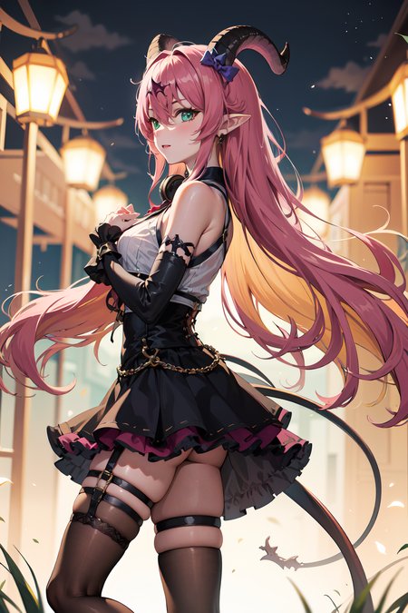 masterpiece, best quality, highres, aloe1, 1girl, solo, pointy ears, multicolored hair, asymmetrical horns, demon horns, hair ornament, blonde hair, chest harness, thighhighs, long hair, asymmetrical legwear, pink hair, sleeveless, bare shoulders, demon tail, thigh strap, wrist cuffs, green eyes, arm strap, skirt, horn bow, mismatched legwear, sleeveless horn ornament, bangs, headphones around neck, uneven legwear, hair between eyes,  <lora:mano_aloe_v10:0.6>, standing, from side, own hands together, field, night,