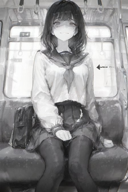 masterpiece,best quality,amazing quality,very aesthetic,absurdres,newest,highres,usnr,1girl,solo,looking at viewer,arrow (symbol), bag, blush, closed mouth, comic, facing viewer, feet out of frame, greyscale, mole, monochrome, neckerchief, pantyhose, sailor collar, school bag, school uniform, serafuku, shaded face, sitting, solo, train interior, wavy mouth,<lora:ponyv5_noobV065S_1_adamW:0.5>,<lora:USNR STYLE_XL_loha:0.7>,<lora:illustrious_all_rated_v1:0.7>,<lora:spo_sdxl_10ep_4k-data_lora_webui:0.6>,<lora:illustrious_best_quality_v1:0.7>,<lora:akaforill:0.7>,