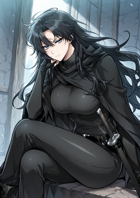 <lora:Omniscient_Readers_Viewpoint__Yoo_Joonghyuk_Female:1>
1girl, solo, black hair, long hair, wavy hair, loose hair, blue eyes, 
black outfit, black cloak, black long coat, cape, tight suit, black belt, black gloves, black pants, black boots, tactical outfit, katana, sword, sword sheath,
(Anime_source),Masterpiece,(perfect female body:1.2), small waist,(incredibly detailed:1.4), looking at viewer, sitting, crossed legs,