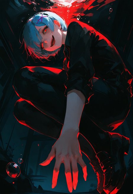 (96yottea:1.2), realistic, sketch, 
masterpiece, best quality, amazing quality,
(perspective:1.2), from below,  split mouth, reaching, foreshortening, from side, full body shot, leaning towards viewer, 
rem \(re:zero\), solo, open mouth, slit pupils, smug, looking down, looking at viewer, sly, thick eyelashes, black shirt, collared shirt, submerged, underwater shot, red water, yandere, (gesugao:1.2), air bubble, 
yakuza \(theme\), 
solo, 
detailed background,  underwater bubbles, glowing theme,  dark theme, usnr
