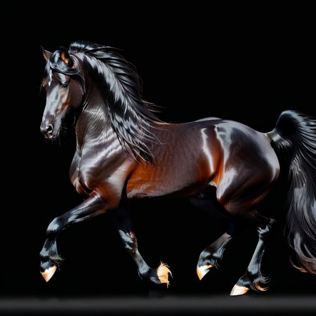 friesian horse, black, black mane and tail, trotting, full body, black background, long flowing hair <lora:Horse_Breeds-000012:1>