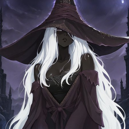 masterpiece, best quality, newest, absurdres, highres, anime, anime style, 1girl, ERNRRE-V1.0, very dark skin, dark-skinned female, black skin, black colored skin, colored skin, hat, witch hat, robe, off shoulder, white hair,