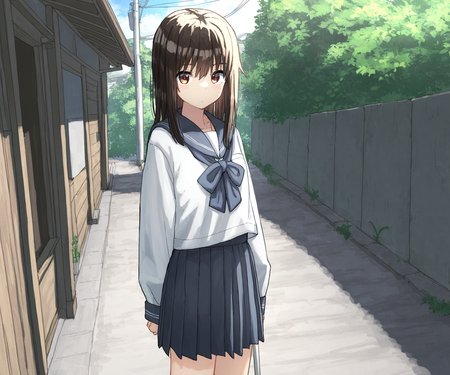 masterpiece, best quality, amazing quality, sfw, 1girl, solo,  shirt, pleated skirt, sailor collar, looking at viewer,  <lora:Kakuninii style ILL:1.2> kakuninii