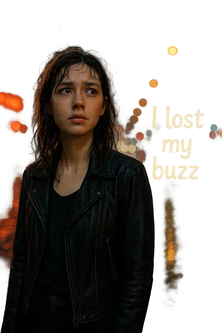 A stunning, realistic young woman stands alone on a rain-soaked city street at night, her hair slightly damp and clinging to her face. Streetlights and neon signs reflect off wet pavement, casting colorful glows around her. She looks around with a puzzled, wistful expression, as raindrops fall gently around her. The atmosphere feels quiet and introspective. Beside her, the text 'I lost my buzz' appears in a soft, glowing handwritten font, blurred slightly by the rain—blending humor with a gentle melancholy.