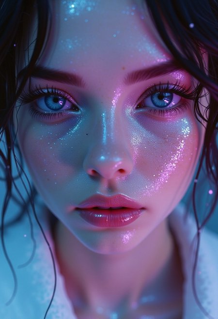 This is a highly detailed, digital artwork in a hyper-realistic style, showcasing a close-up portrait of a young woman. The subject has fair, smooth skin with a slight sheen, adorned with glittering, iridescent particles that shimmer in shades of blue, pink, and purple, giving a magical, ethereal quality. Her eyes are a striking blue, with long, thick eyelashes and a subtle, piercing gaze.