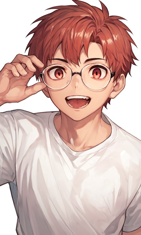 score_9, score_8_up, score_7_up, score_6_up, score_5_up, score_4_up, nayoshi style, male school uniform, glasses, solo, red eyes, open mouth, looking at viewer, blood, teeth, 1boy, male focus, shirt, white background