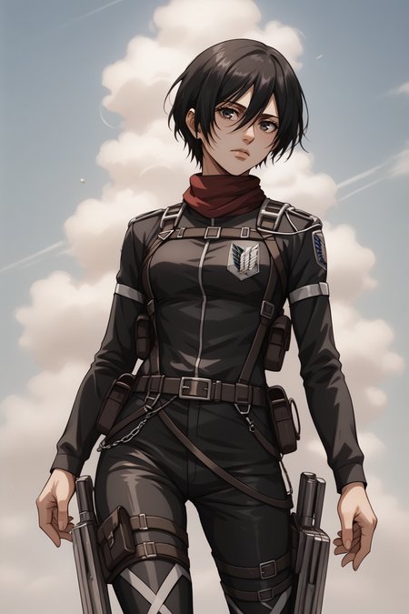 score_9, score_8_up, score_7_up, score_6_up, BREAK source_anime, <lora:adult mikasa ackerman-PonyXL-lora-faxtron:0.8> adult mikasa ackerman, black eyes, black hair, short hair, medium breasts, military uniform, armor, belt, thigh strap,