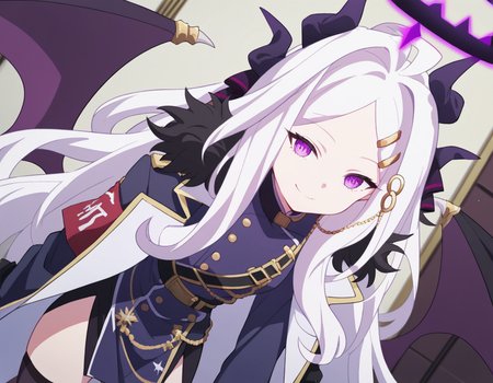 score_9, score_8_up, score_7_up, source_anime, <lora:hina-sorasaki-s1-ponyxl-lora-nochekaiser:1>, hina sorasaki, purple eyes, white hair, halo, ahoge, parted bangs, long hair, very long hair,, armband, black gloves, coat, coat on shoulders, demon horns, demon wings, fur collar, gloves, hair ornament, horns, long coat, military uniform, miniskirt, multiple horns, side slit, thighhighs, uniform, wings, zettai ryouiki,, indoors, bent over, smile,, looking at viewer, solo, cowboy shot, dutch angle