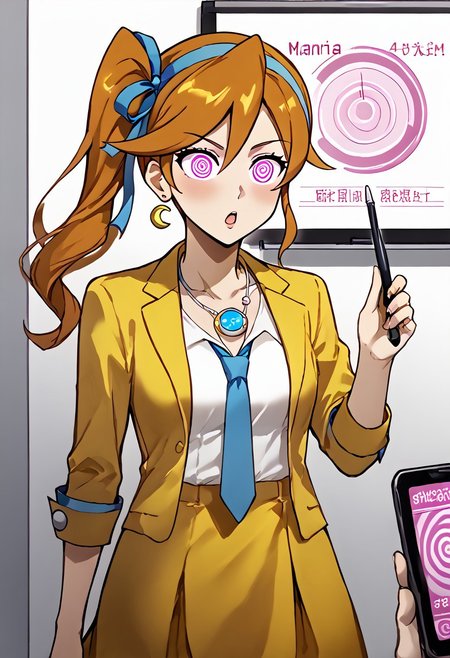 Athena hypnotized during presentation,
score_9, anime, 1girl, lewd, smooth, 
mind control, hypnosis, spiral eyes, surprised expression, mind control phone app, phone, spiral,
pr3s3nt4tion, holding pointer, projector screen, graph,
athena cykes, side ponytail, hair ribbon, yellow jacket, white shirt, blue necktie, single glove, yellow skirt, pantyhose, jewelry, necklace, crescent earrings
