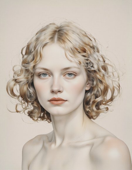 Inkquaria. A realistic, semi-realistic portrait of a woman with a soft expression, captured from a portrait camera angle. the image is a close-up portrait, focusing on the woman's face and upper body, with a focus on her striking features. on the middle of the image, a woman appears to be in her early twenties, with light skin and long, wavy, blonde hair that falls between her eyes. her hair is styled in loose, curly locks that frame her face, and her blue eyes are looking directly at the viewer with a neutral expression. her lips are painted with a bright orange lipstick, and she has a serene, slightly parted nose. she is wearing minimal clothing, with bare shoulders, and the background is a plain, light beige color. the lighting is soft and diffused, creating a sense of calmness and serenity. the woman is positioned in the center of the frame, with her upper body facing the viewer and her head slightly tilted to the side, giving the impression that she is looking directly into the viewer. the overall effect is one of softness and calmness, with the softness of her hair and the subtle texture of her skin and lips.