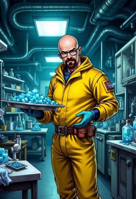 <lora:KFT_Curse_of_Dragons_Crown_Style_FLUX:1>
The image is a vibrant, digitally created kftfantasy illustration featuring   Walter White from Breaking Bad in a hazmat suit in and underground laboratory holding a tray full of small blue crystals
