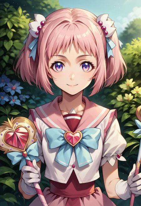 score_9, score_8_up, score_7_up, source_anime,
kiramekimamika, looking at viewer, smile, jewelry, sailor collar, wand, white gloves, ribbon, upper body, skirt, dress