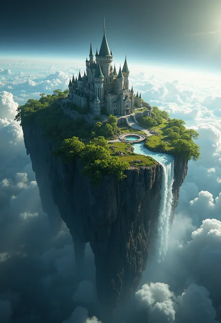 Create a highly detailed,photorealistic image of an island in space orbiting a planet devastated by nuclear war. The island is protected by a shimmering force field and is covered in forest and grassland,with a waterfall running down the side. In the center of the island is a massive castle made of crystals. 8k,octane render,ray tracing.,<lora:New_Fantasy_CoreV4_FLUX:0.8>,
