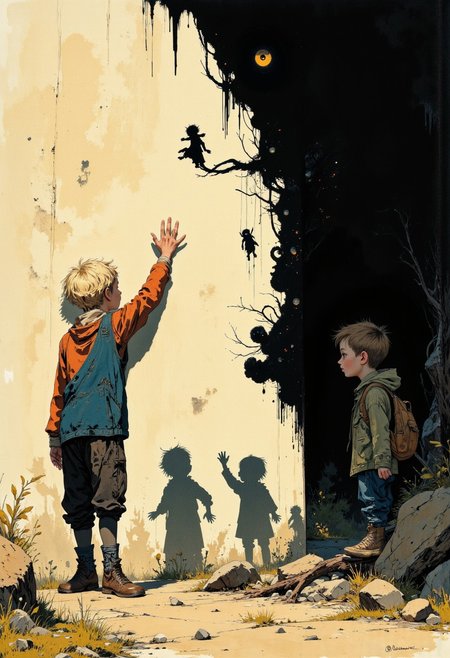 Create a beautifully detailed sketch capturing a fantastical world infused with nostalgia and shadowy intrigue. The style features clean, confident outlines with soft watercolor washes, balancing warmth and accessibility with intricate detail. The palette contrasts muted tones—warm ochres, soft reds, creamy whites—with stark, inky blacks, creating a dramatic interplay of light and shadow that evokes both innocence and mystery. The atmosphere blends vintage children’s book charm with an eerie undertone, as if balanced between reality and a shadowy dreamscape.
Characters should have naturalistic proportions and subtle expressiveness, their features gently exaggerated to reflect curiosity, resilience, or vulnerability. Dynamic shadow puppet figures may emerge in the background, their silhouettes adding to the narrative and reinforcing the duality of light and shadow. The focus will be on a specific subject—An extreme close-up reveals Henry’s hand brushing against a shadowy wall, his fingers trailing through silhouettes of puppet figures trapped beneath the surface. The camera follows their frantic movements, their tiny faces and limbs pressing outward, as though pleading for release—carefully integrated into the scene. The composition is grounded yet surreal, seamlessly merging whimsical simplicity with haunting, thought-provoking detail to invite wonder and introspection.