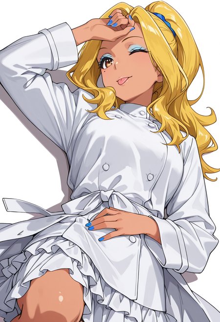 Smooth Quality,masterpiece,very intricate, high quality details, ultra realistic, high detailed skin,detailed enviorement,absurdres,
 <lora:Gotou_Shino_Shiipon_CNR:0.8> gotou_cnr, blonde hair,long hair, ponytail, brown eyes, dark-skinned female, mole, nail polish, eyeshadow,, simple background, white background, dutch angle,solo,
lying supine, one knee up, arm draped over forehead, other hand on stomach  ,, ;p,, lace-up top,  ,doctor coat,  ,ruffled skirt, ,