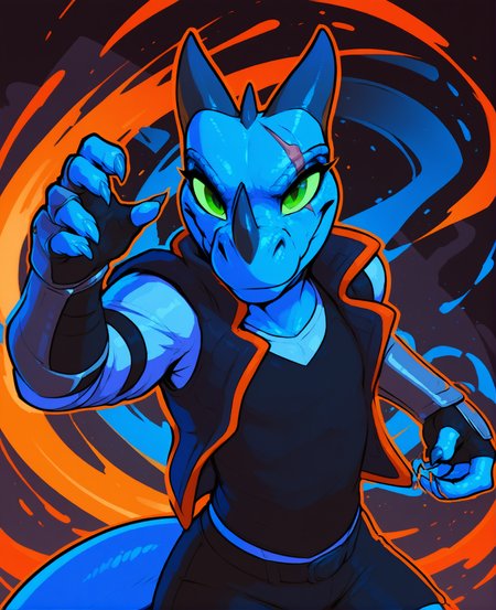 <lora:fortnitelsxl:0.86> fortnitelsxl, graphic novel, ink lined illustration, thick multicolored outline, aura, energy, multicolored background, <lora:kabsraptorxl:0.2>,  <lora:watchitxl:0.86>, watchitxl,  source_furry, solo, blue body, 1boy, solo, detailed scale texture, green eyes,  lizard, slim, gauntlets, fingerless gloves, vest, wide hips, flat chest, curvy, lizard tail, realistic detailed skin, nose horn, horns, sharp teeth, pink scar over right eye, upper body, headshot, face focus, black canvas,low angle, looking at viewer, weilding katana, swinging katana, 
score_9, score_8_up, score_7_up,  <lora:add-detail-xl:1.4>,  <lora:incase---1:0.3>, <lora:Manga_Action_Shot:0.5> action shot,  <lora:Realistic_2.5DAnime_Merge1:0.4>,  <lora:Perfect Hands:0.9> Perfect Hands, (four fingers),