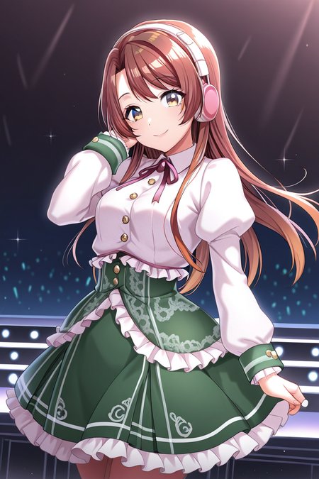 masterpiece, best quality, amazing quality,
 <lora:Haruna_IL:1> haruna, 1girl, solo, long hair, skirt, smile, long sleeves, looking at viewer, headphones, puffy sleeves, brown hair, shirt, yellow eyes, white shirt, frills, green skirt, stage outfit
